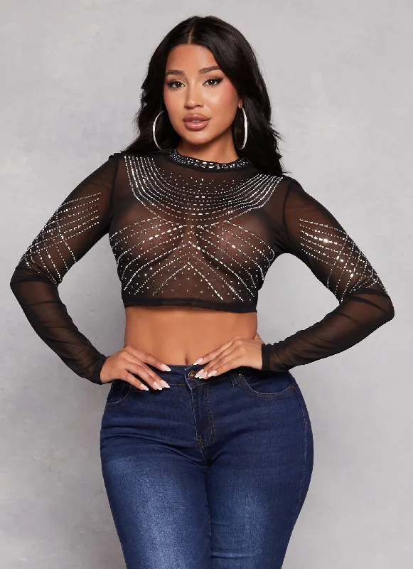 Mesh Rhinestone Mock Neck Crop Top